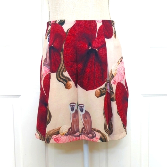 Engenia Fernandez Floral Print with Monkeys - Red and Cream Mini Skirt - Picture 2 of 5